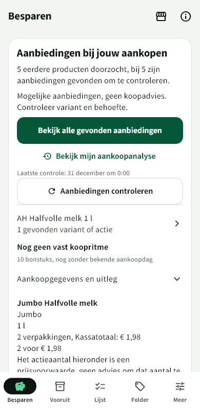 Besparen na het inlezen van een bon: bij vijf eerdere producten zijn aanbiedingen gevonden om te controleren