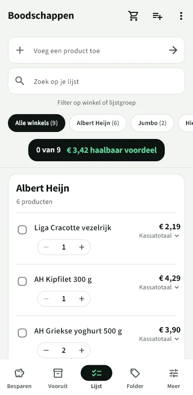 Boodschappenlijst gegroepeerd per winkel met per product de prijs, het aantal en een filter op winkel