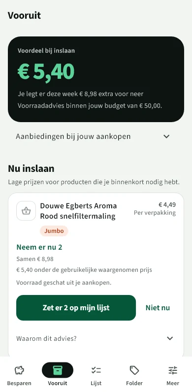 Het scherm Vooruit met het advies om twee pakken koffie in te slaan, en een knop Zet er 2 op mijn lijst